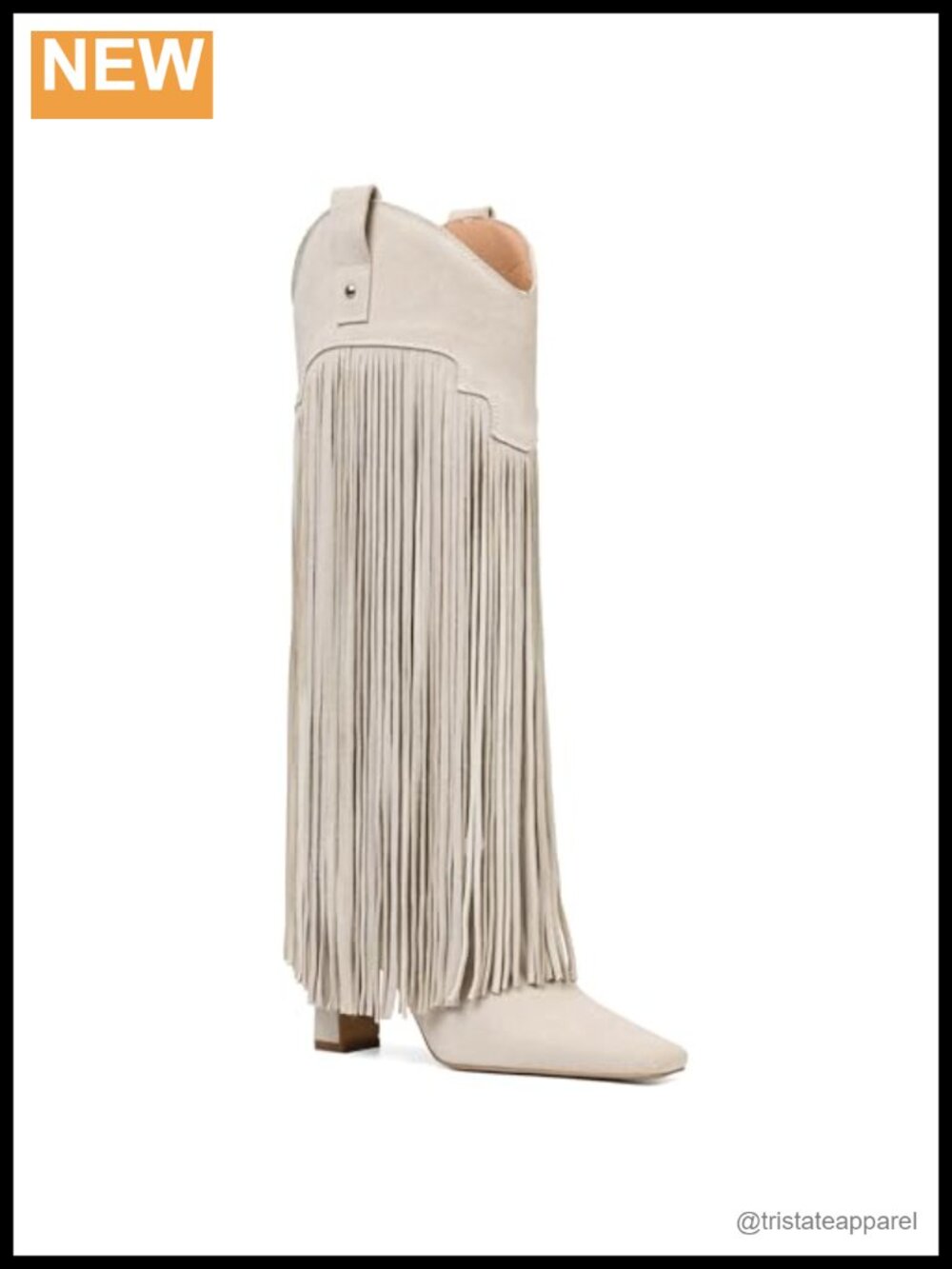 Knee High Suede Fringe Boots Square Toe Chunky Heel